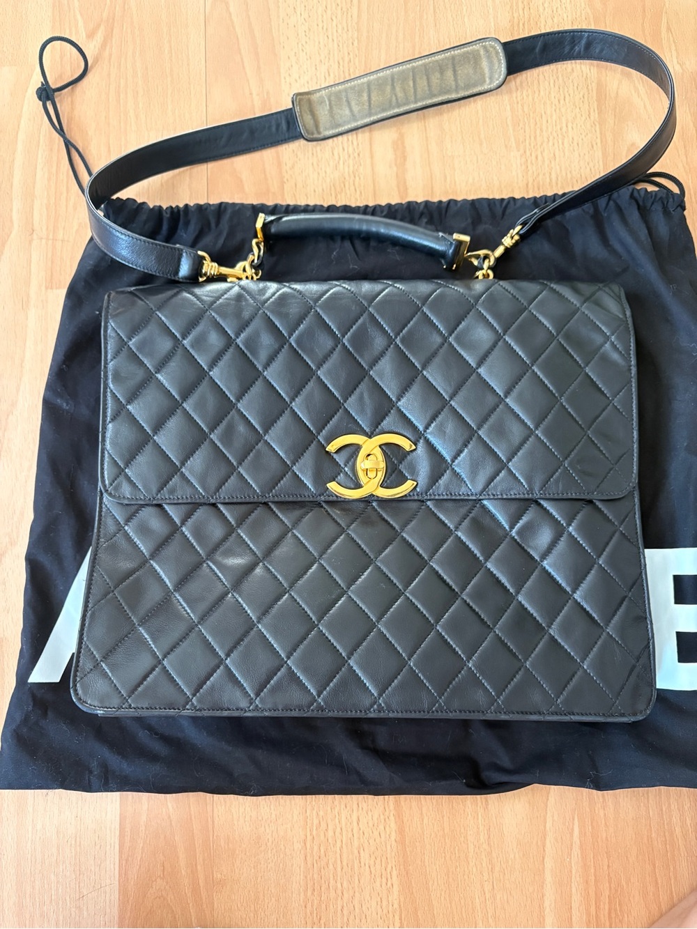 Vintage CHANEL Black Quilted Briefcase Satchel with Gold CC Lock